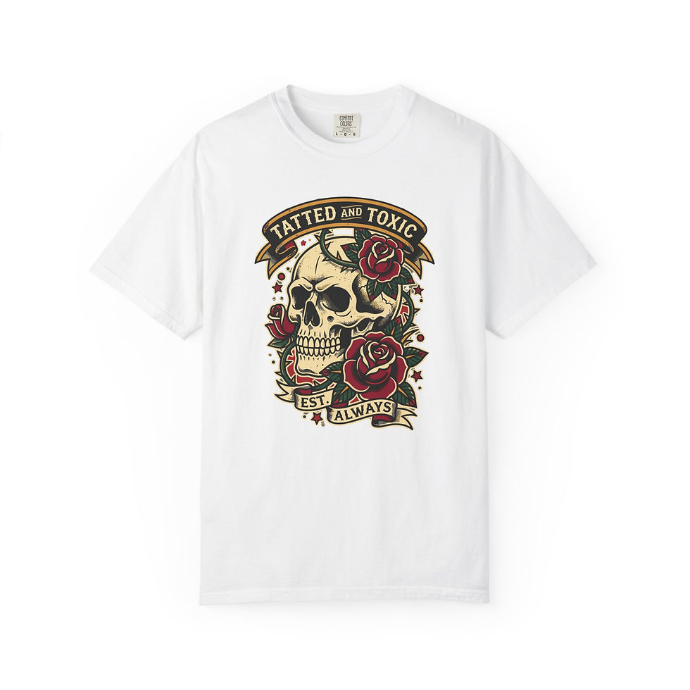 Miniatura: Camiseta de calavera y rosas — Gráfico de tatuaje retro "Tatuado y tóxico"