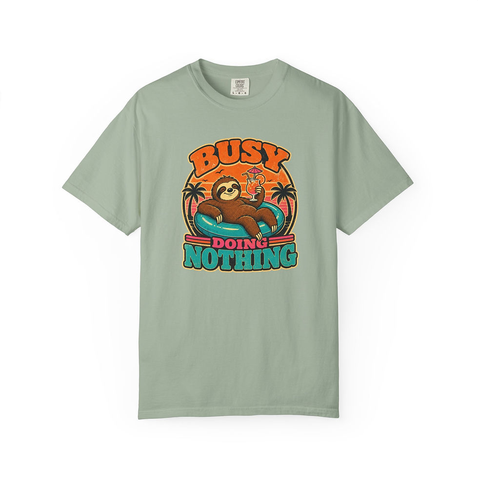 Miniaturbild: Busy Doing Nothing sloth graphic T-shirt | retro beach palm design