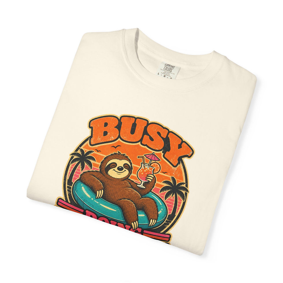 Miniaturbild: Busy Doing Nothing sloth graphic T-shirt | retro beach palm design
