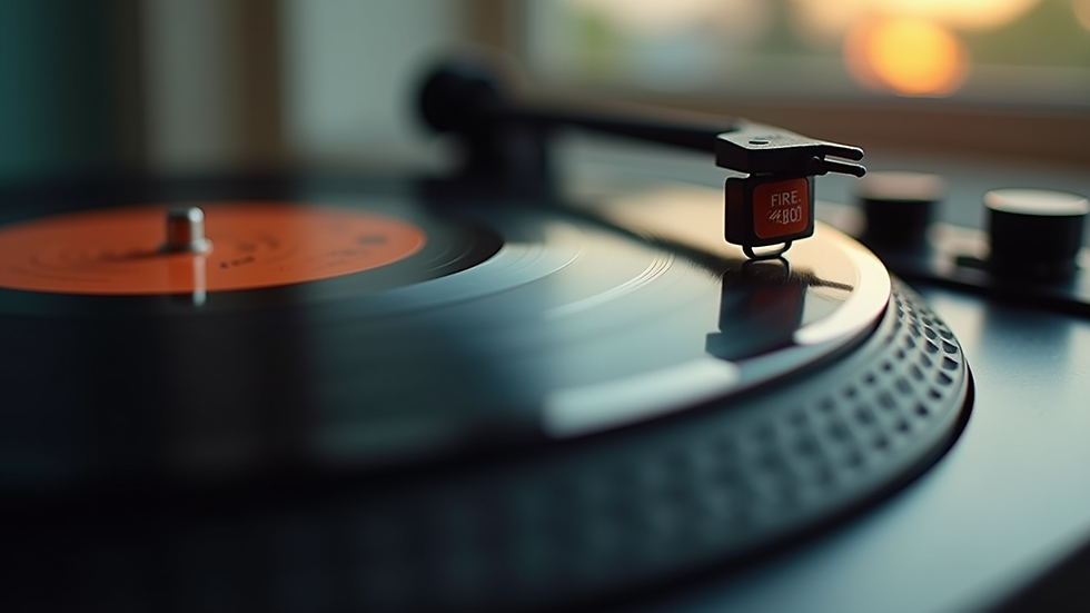 Close-up view of a vinyl record player spinning a record