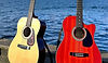 Two acoustic guitars side-by-side next to the water at the Queensferry crossing..jpg