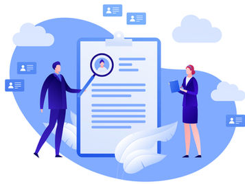 Illustration of two professionals reviewing a large clipboard with a candidate profile, one using a magnifying glass and the other holding a notebook, symbolizing background checks and hiring processes.