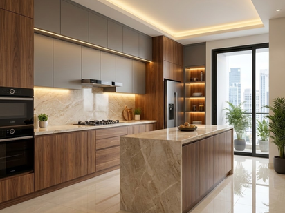 Modern modular kitchen interior with island counter, wooden cabinets and LED lighting