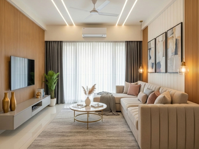 Modern living room interior with beige sofa, TV unit and LED ceiling lighting