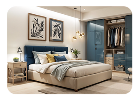 Luxury bedroom design with wooden accents, artistic wall décor, cozy lighting, and contemporary furniture.