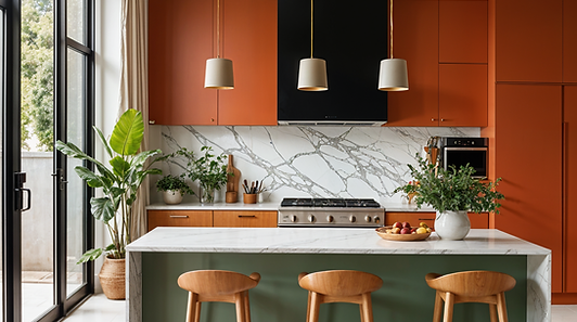Modern modular kitchen with orange cabinets, marble backsplash and island seating with bar stools