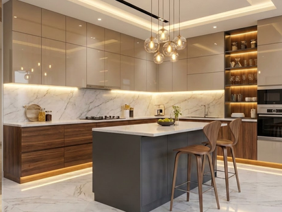 Contemporary modular kitchen interior with island counter, pendant lights and wooden cabinets