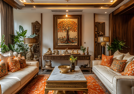 Traditional Indian living room interior with wall art, wooden furniture and orange patterned rug