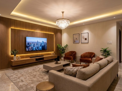 Luxury living room interior with beige sofa, chandelier lighting and modern TV unit