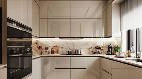 Modern matte-black kitchen with minimalist cabinetry, warm under-cabinet lighting, and a sleek dining setup.