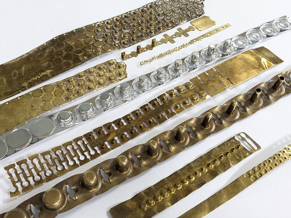 Tapes with progressive cold stamping dies with drawings, folding, beading, coiling, cutting, drilling, deep drawing, square drawings, complex geometries with progressive cold stamping dies