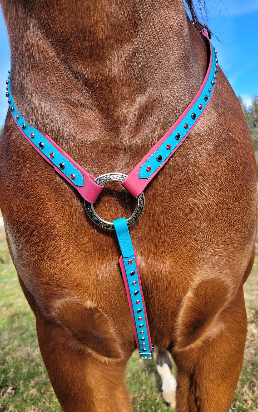Horse Breast collar with rhinestones bling Maroon and teal beta Biothane