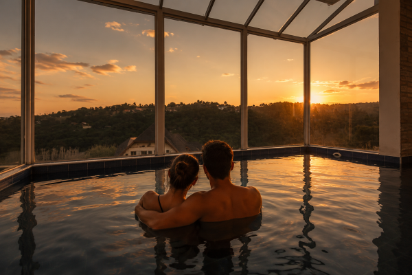 Casal aproveitando a piscina aquecida juntos na Pousada Kaliman Campos do Jordão.