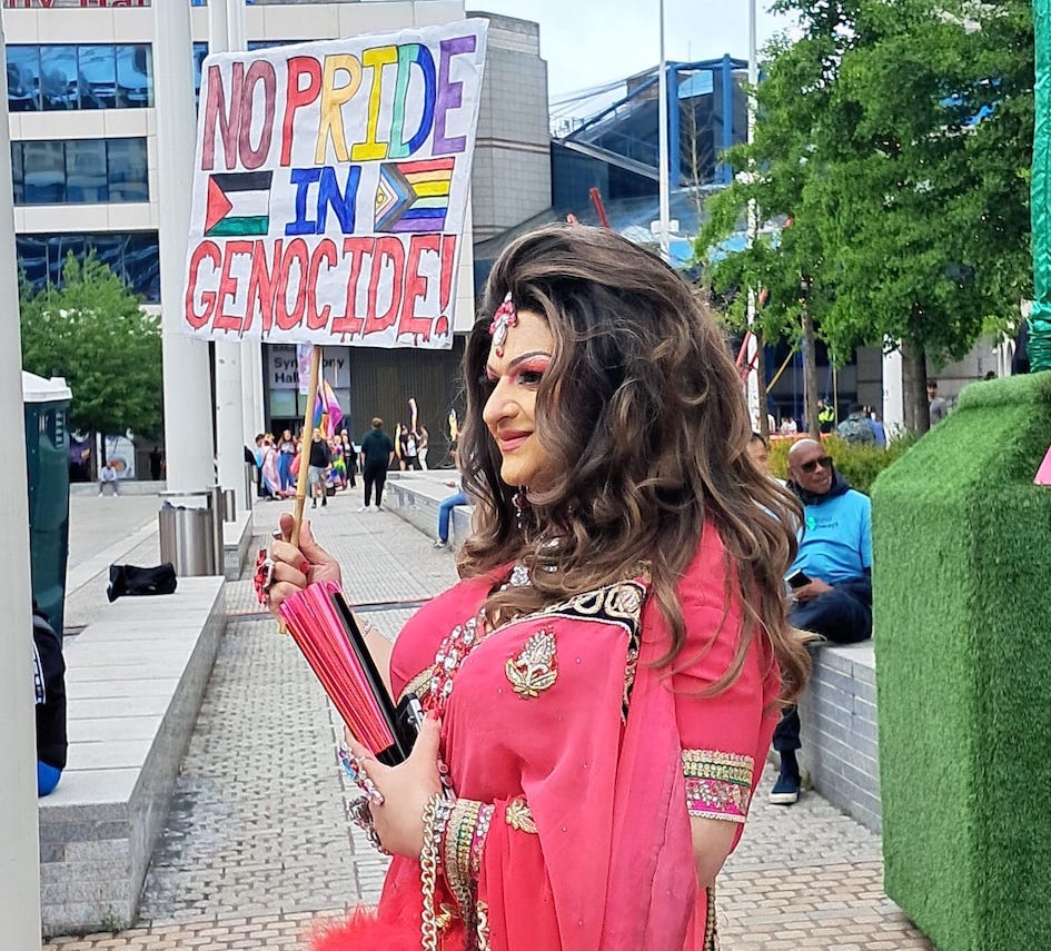 No Pride in Genocide sign