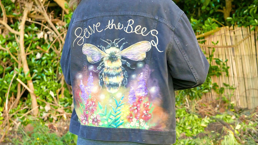 Thumbnail: Hand-Painted 'Save the Bees' Denim Jacket: Upcycled Clothing (Size Small- Loose
