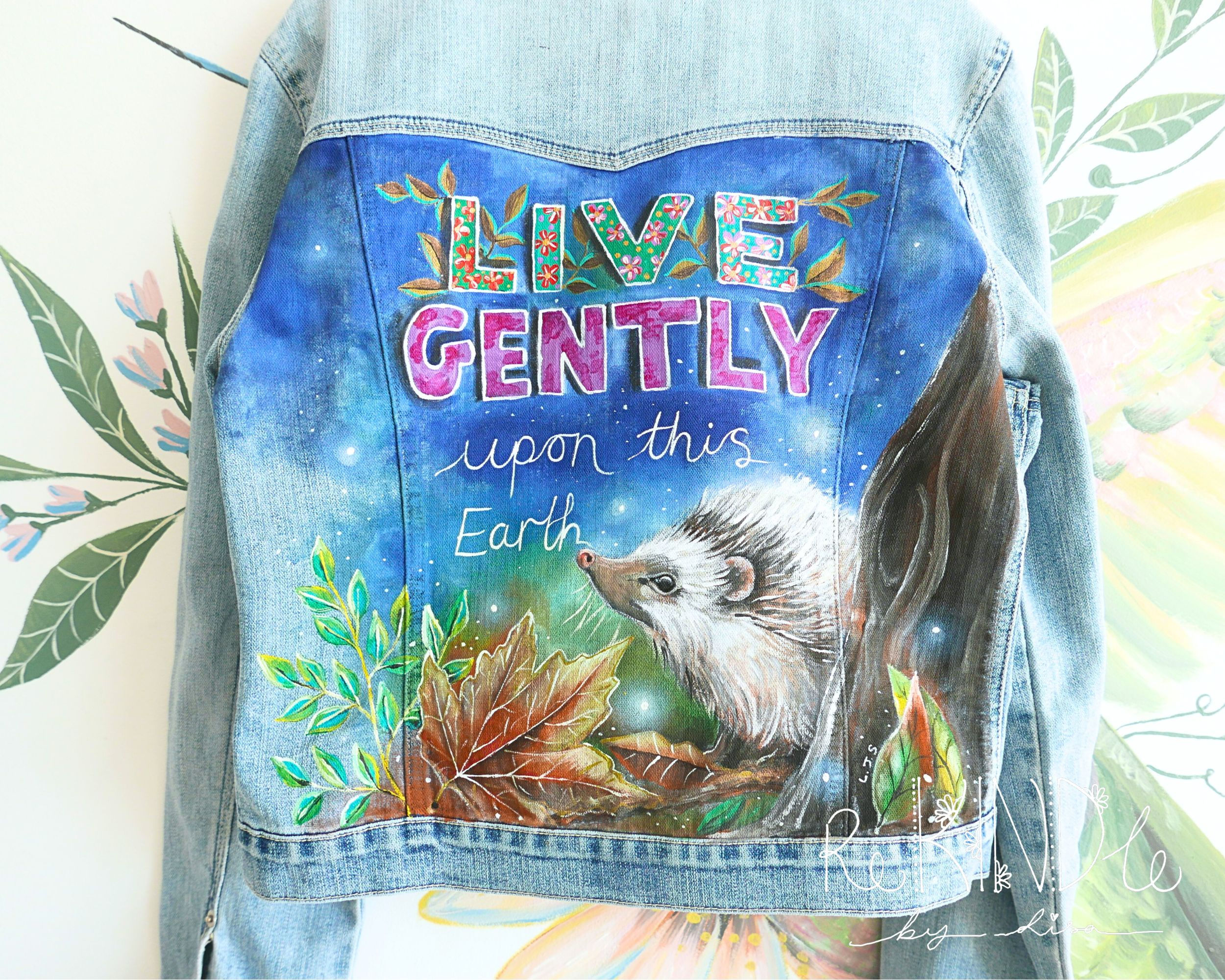Hand-Painted Hedgehog Denim Jacket: Upcycled Vegan Clothing (UK Size 10)