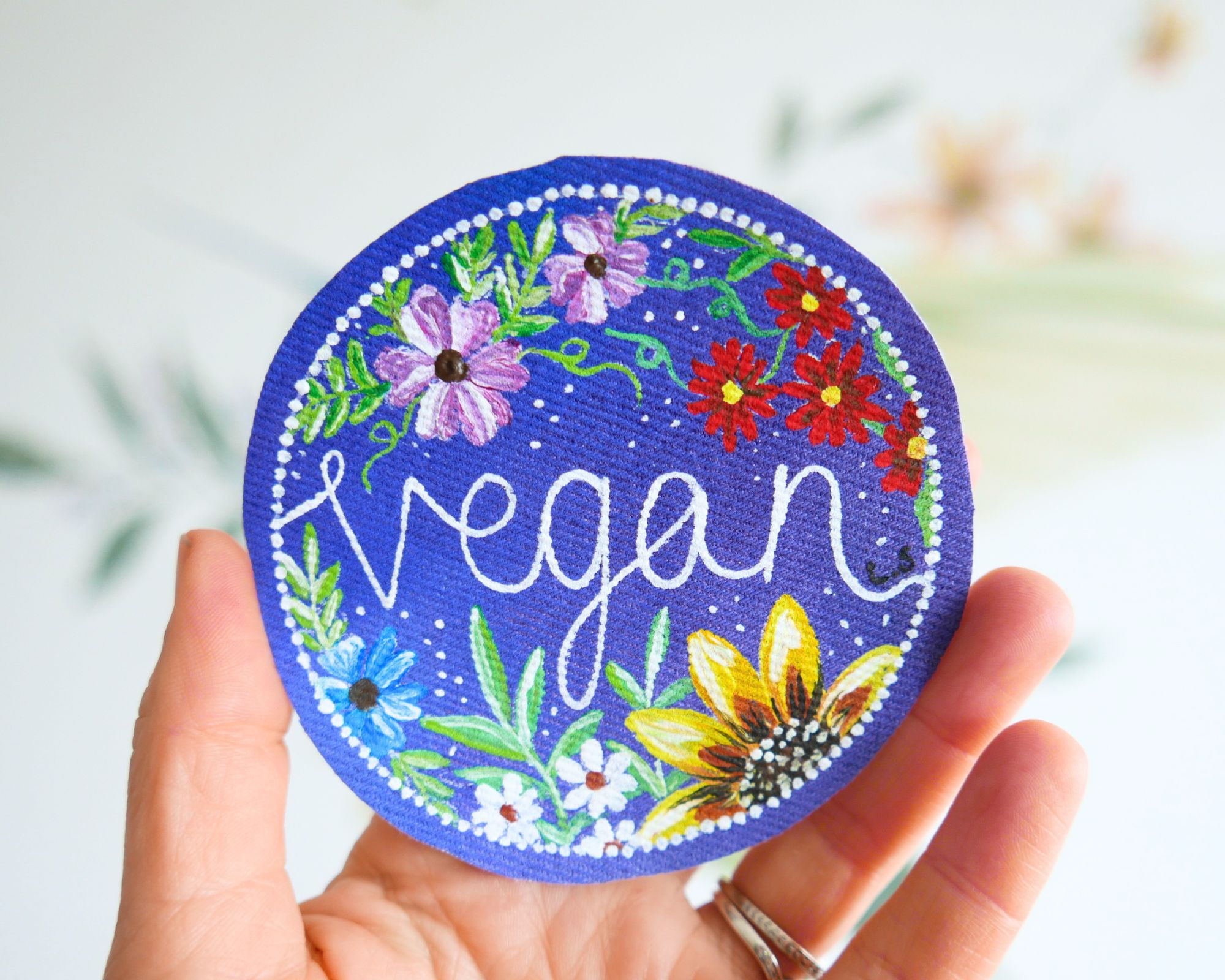Vegan Hand Painted Sew On Patch. Made From Upcycled Denim Jeans
