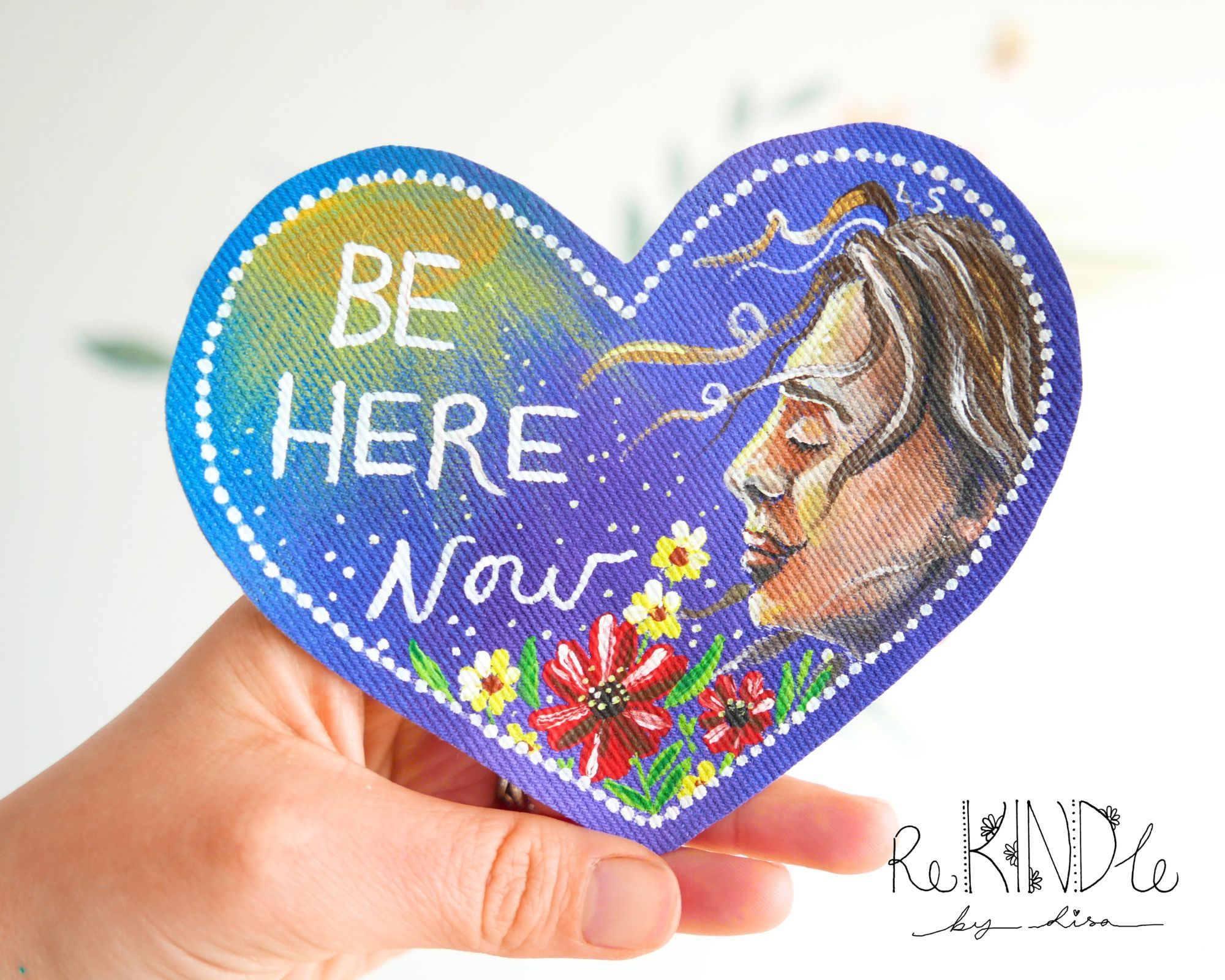 Hand-Painted 'Be Here Now' Denim Patch: Upcycled Eco Art
