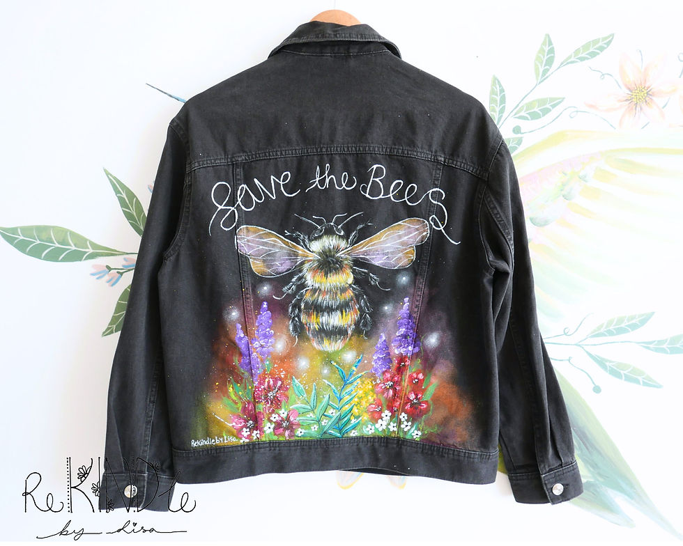 Thumbnail: Hand-Painted 'Save the Bees' Denim Jacket: Upcycled Clothing (Size Small- Loose