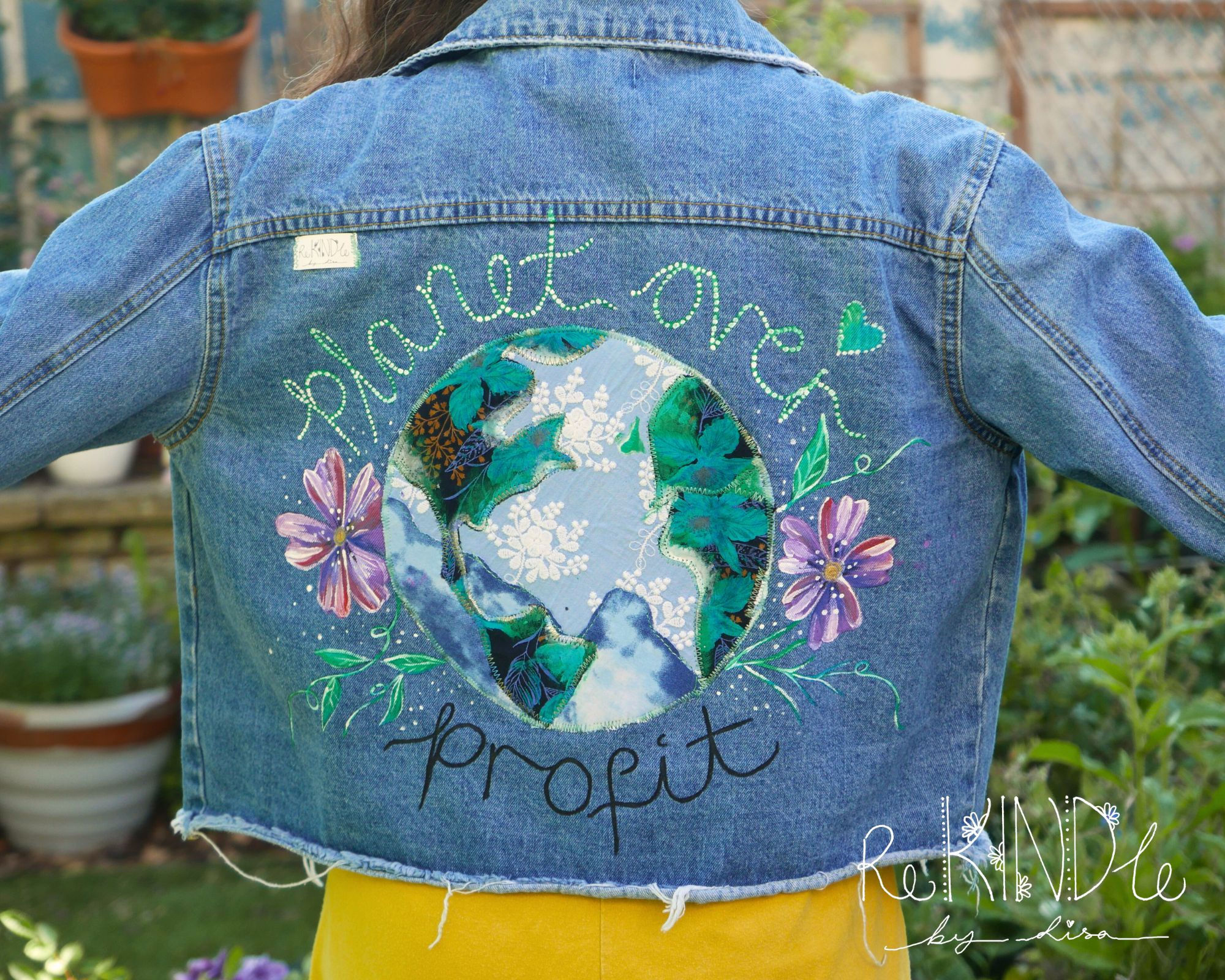 Upcycled Denim Jacket Size 14 'Planet Over Profit'