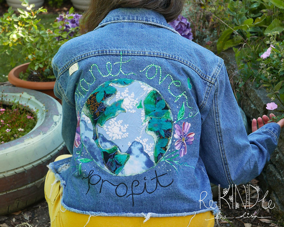 Thumbnail: Upcycled Denim Jacket Size 14 'Planet Over Profit'