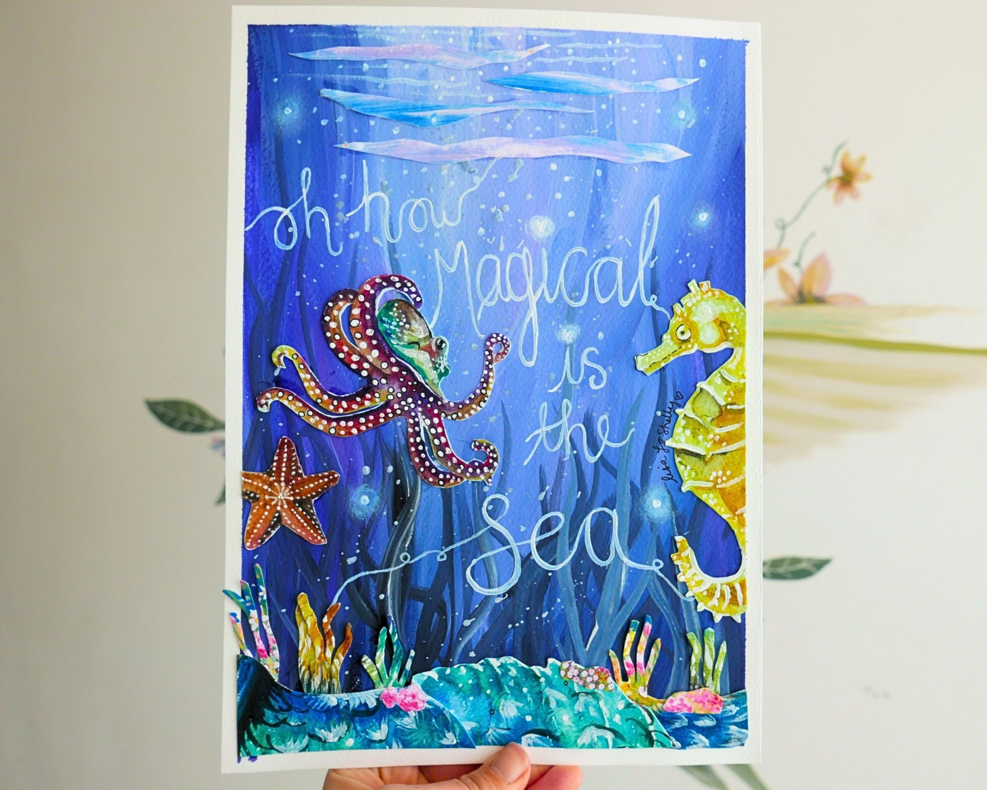 Magical Sea Painting: Original A4 Watercolor Collage, Eco-Friendly Art