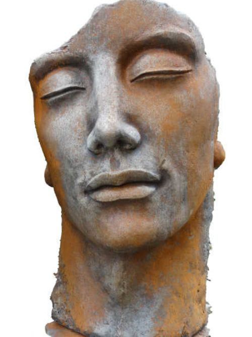 frostfest; Gesicht Mann; Platte; gross; Rosteffekt; Gartenskulptur; Steinguss; Gartendeko; Steinskulptur; Vidroflor