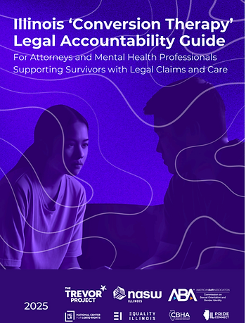 Two people sit against a purple background. Text: Illinois 'Conversion Therapy' Legal Accountability Guide, 2025. Various organization logos below.
