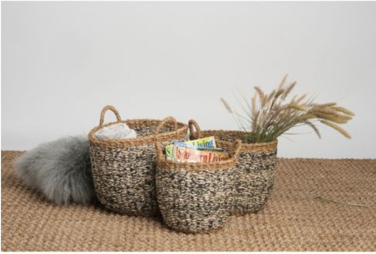 Set Of 3 Ebony Handmade Grey Seagrass And Jute Storage Baskets & Planters