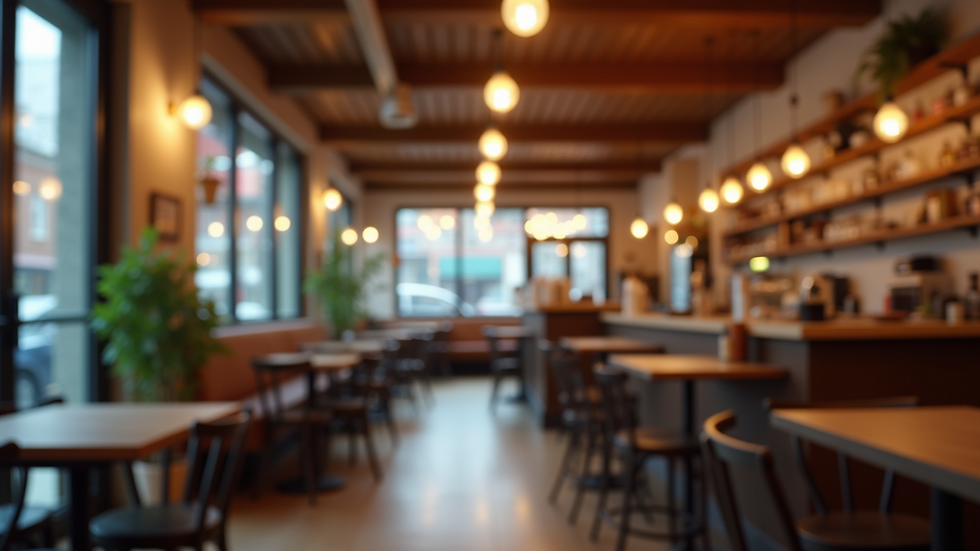 Eye-level view of a cozy café interior with wooden furniture and warm lighting