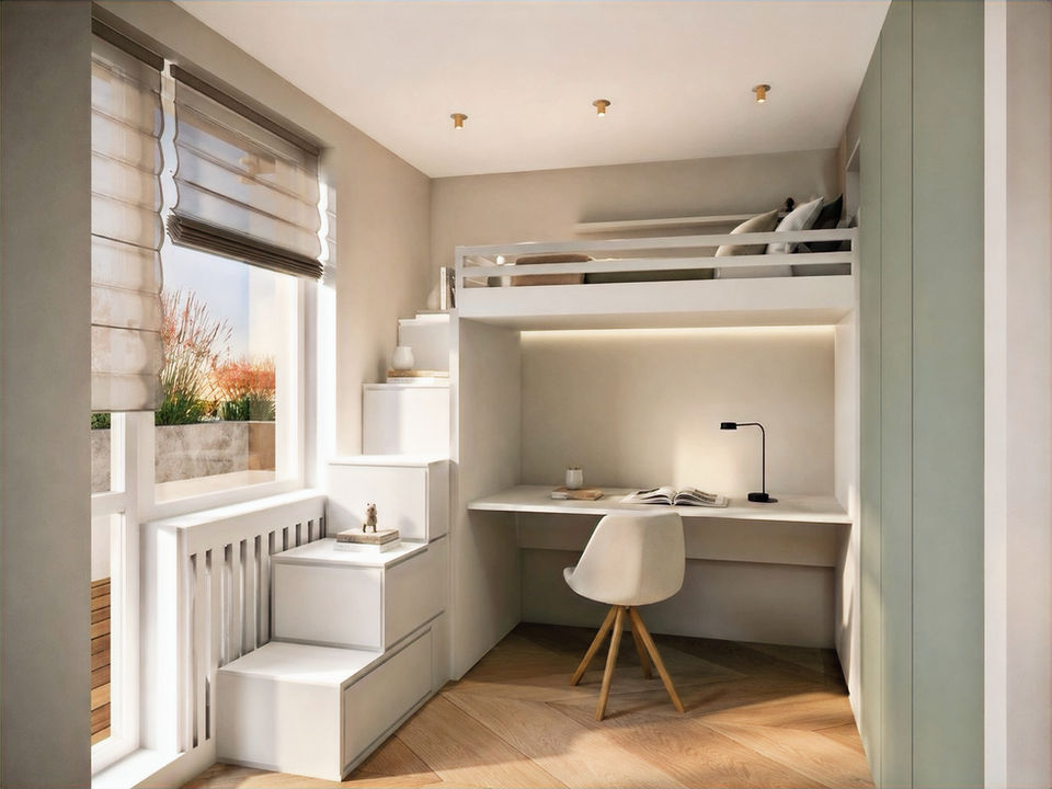 3D-Visualisierung, Hochbett mit Stauraum, Schlafzimmer, Badezimmer, Grundrissoptimierung, MoIo Interior Design