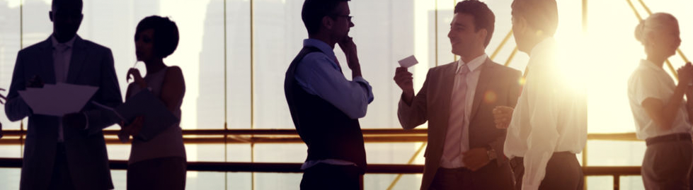 Business professionals networking in a sunlit office