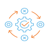 Workflow diagram with central gear and checkmark
