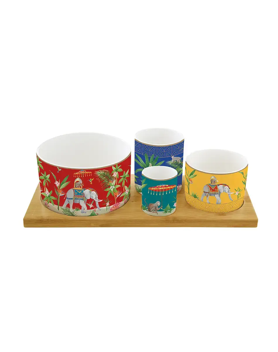 Thumbnail: appetizer set with four porcelain round bowls on bamboo tray marajah
