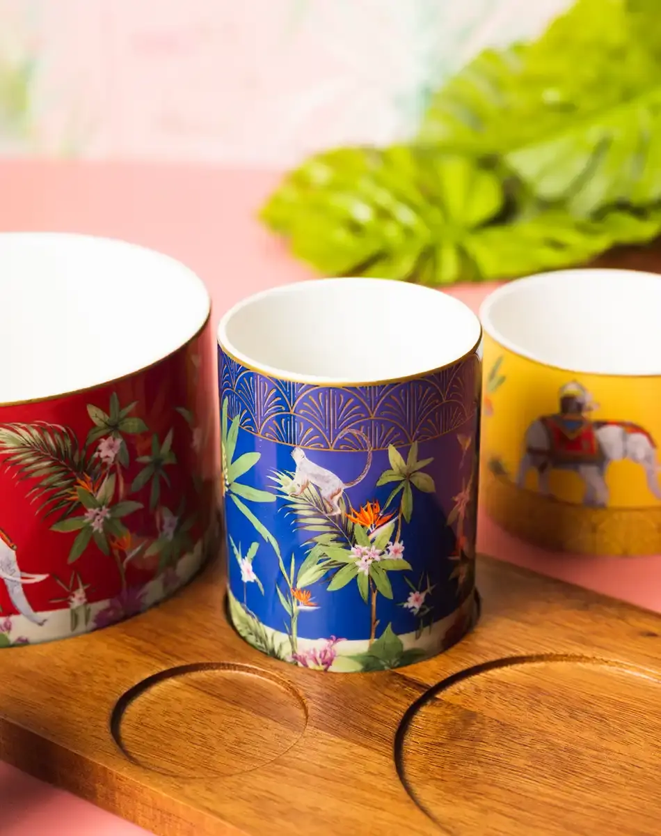 Thumbnail: appetizer set with four porcelain round bowls on bamboo tray marajah