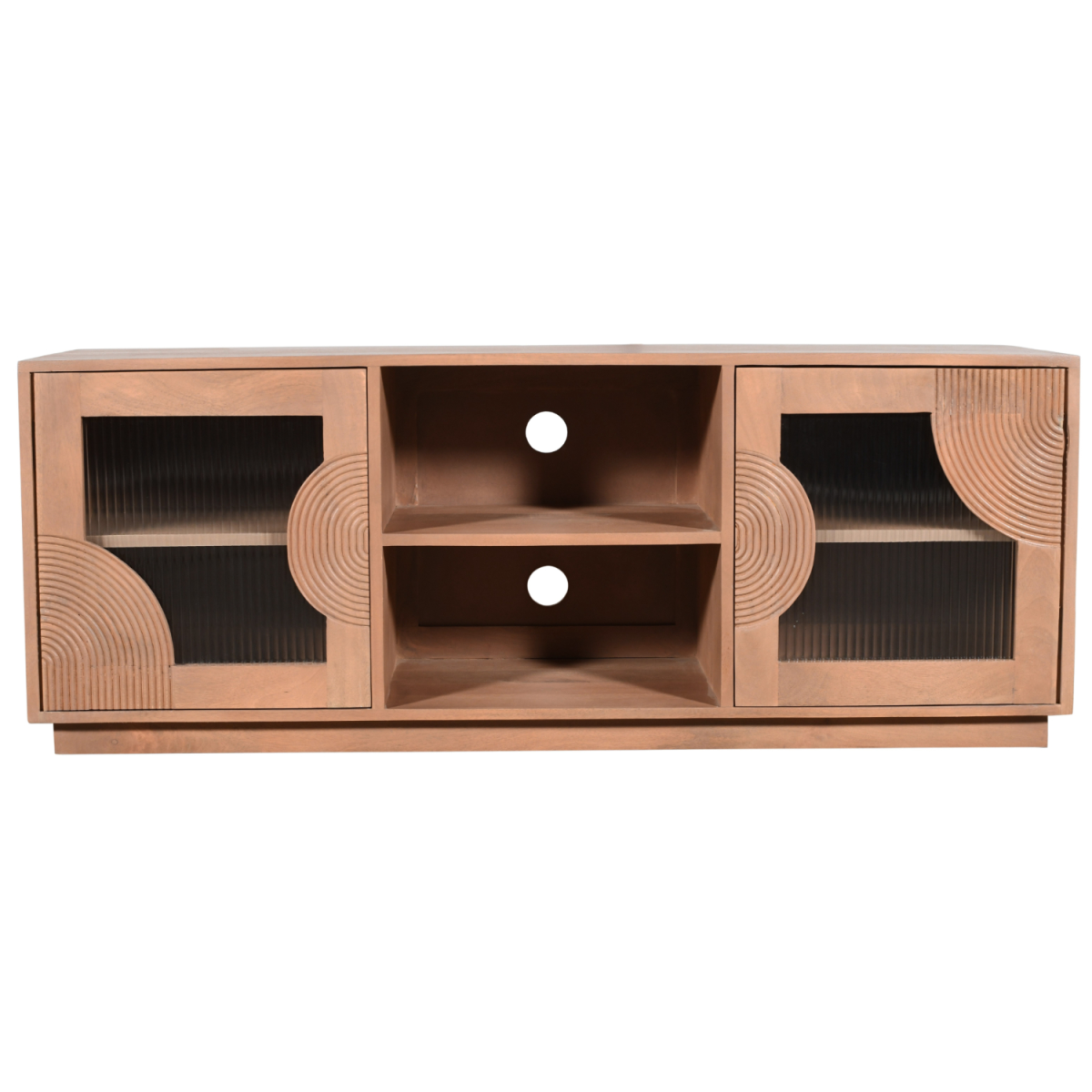 Indus Solid Mango Wood TV Cabinet with Fluted Glass Doors, 60-Inch, Taupe Finish
