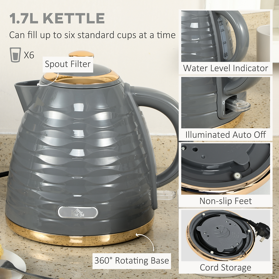 Thumbnail: HOMCOM Kettle and Toaster Set 1.7L Rapid Boil Kettle & 4 Slice Toaster Grey
