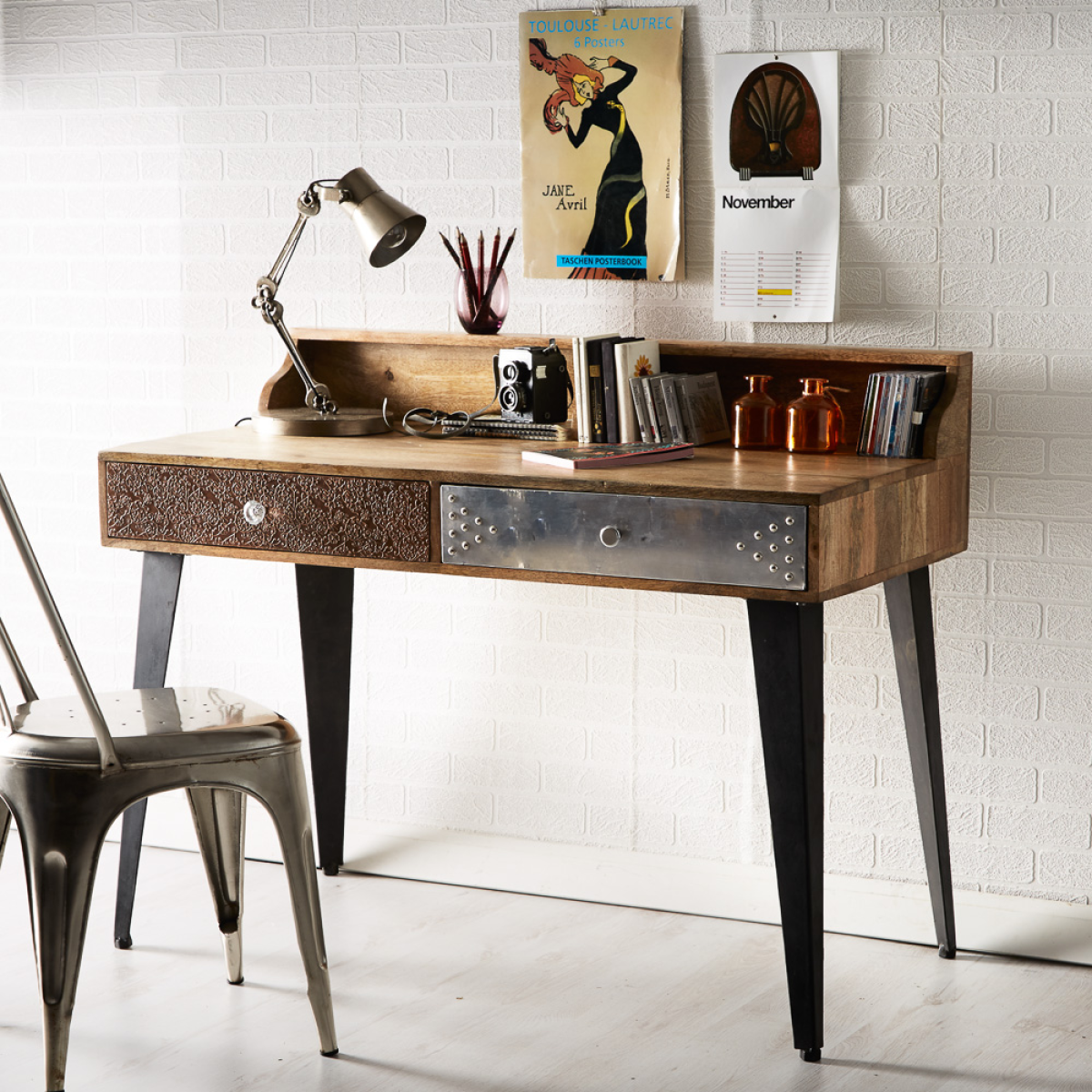 Sorio Solid Wood Desk / Console Table with Unique Multi-Material Drawers