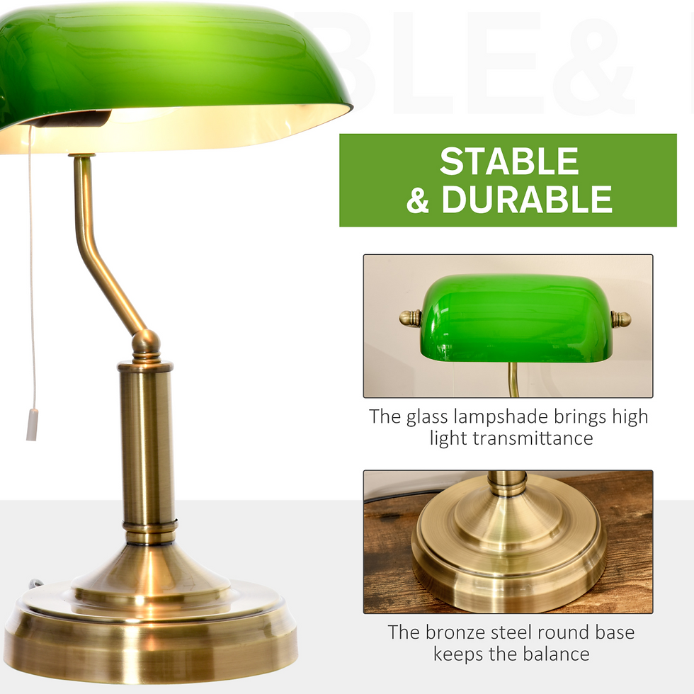Thumbnail: Banker's Desk Lamp with Antique Bronze Base, Glass Shade & Pull Rope