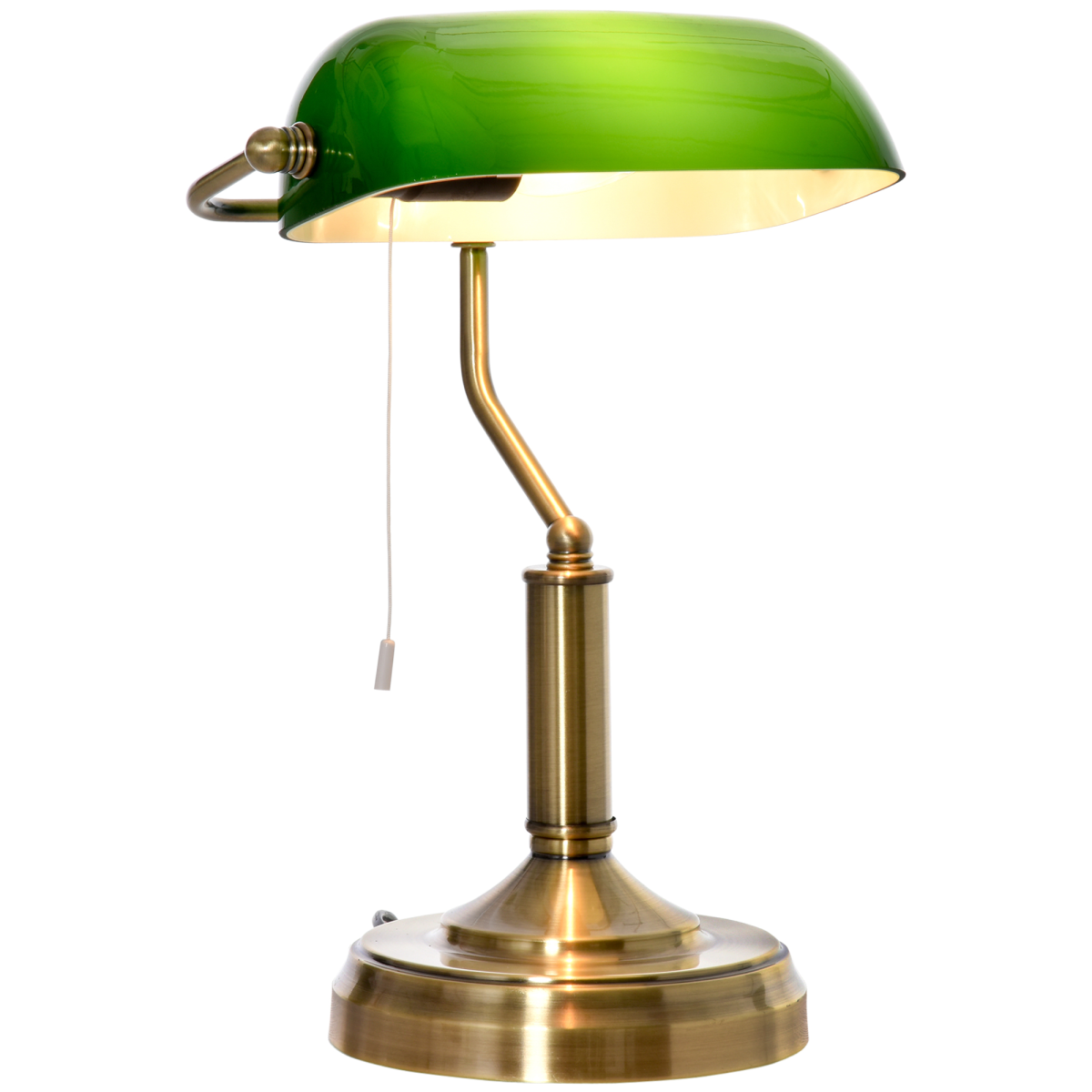 Banker's Desk Lamp with Antique Bronze Base, Glass Shade & Pull Rope