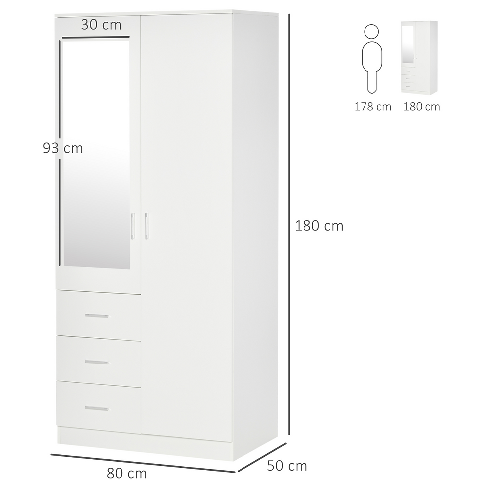 Thumbnail: Sleek 2-Door Wardrobe with Adjustable Shelf and 3 Drawers, 180cm, White