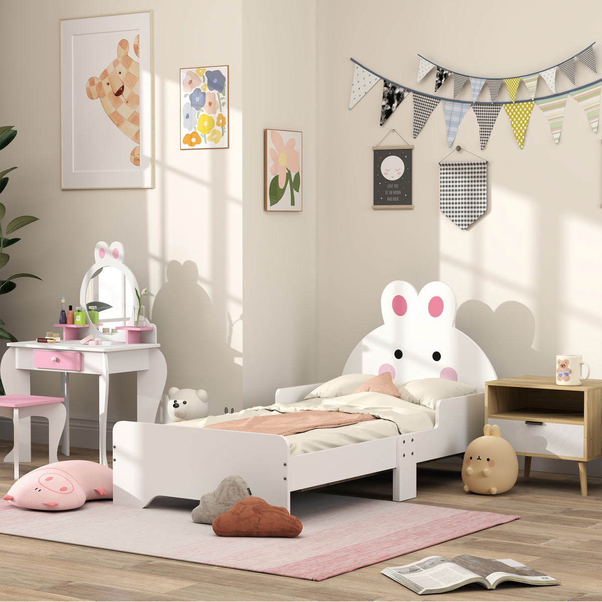 ZONEKIZ Rabbit Toddler Bed - Low-Height White Kids Bedroom Furniture