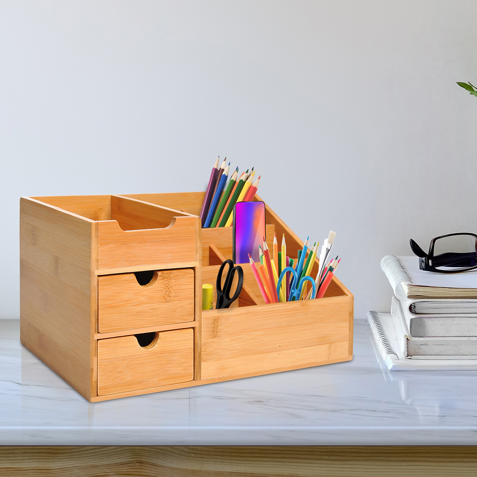Thumbnail: Bamboo Desktop Organiser with 2 Drawers & 7 Compartments for Home Office