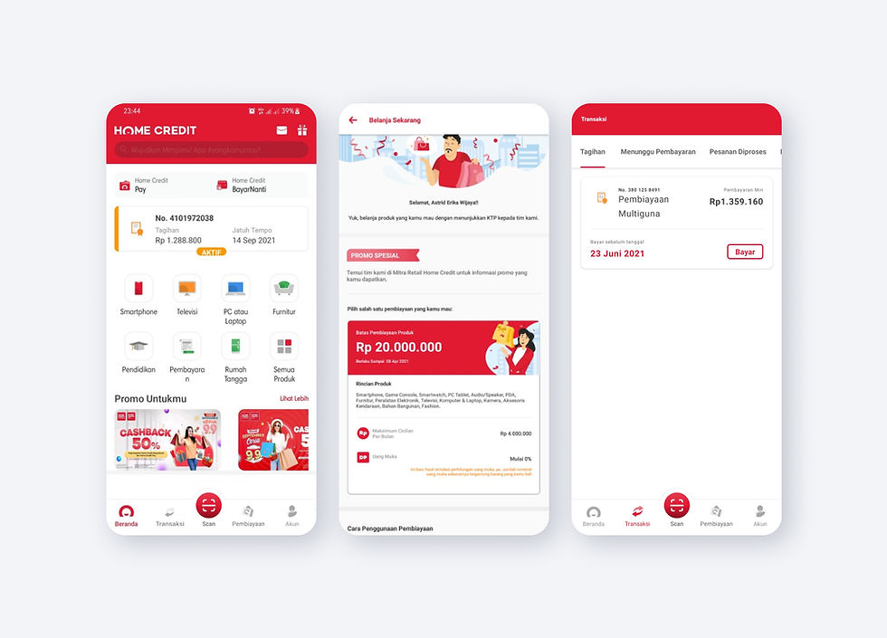 Home Credit Indonesia mobile app showing existing consumer interface before unified design system redesign