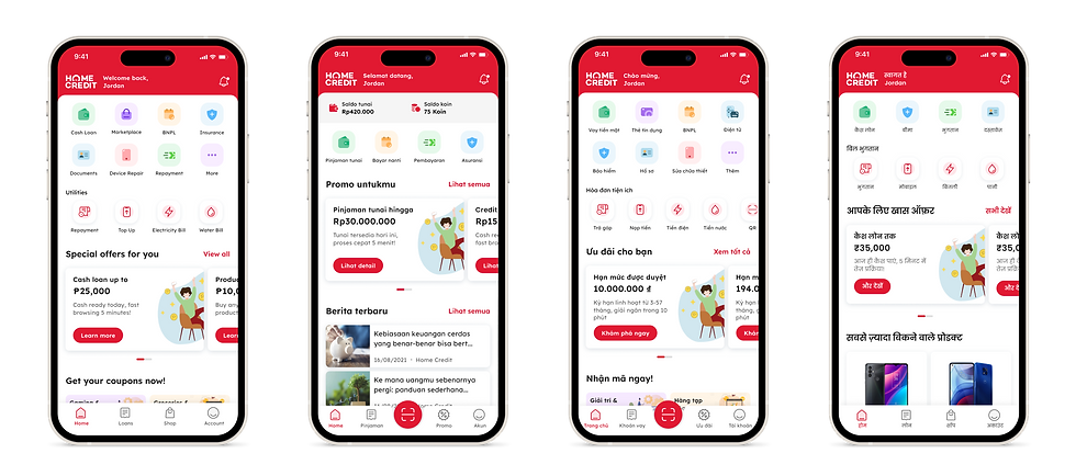 Home Credit app showing localised market variants — language, features and regional compliance built into shared components