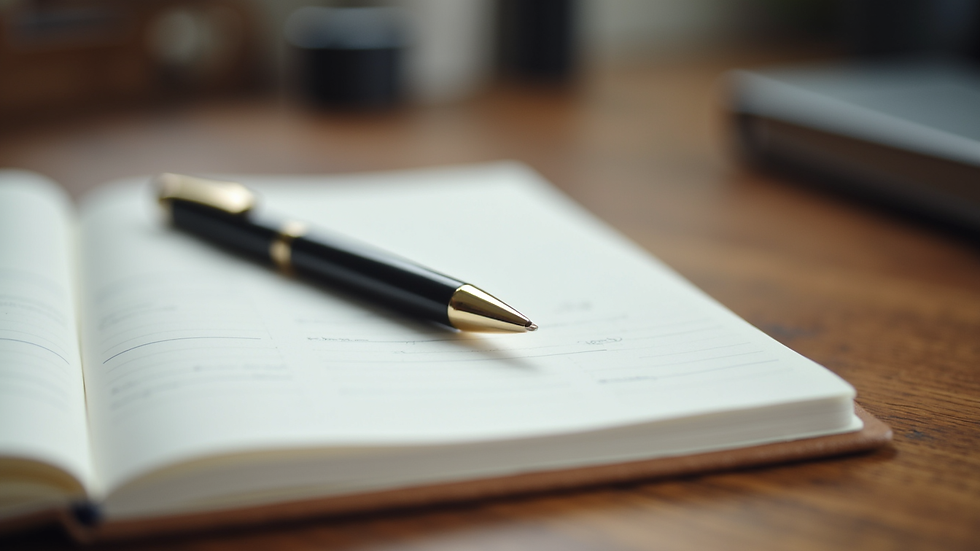 Close-up view of a journal and pen on a wooden desk, symbolizing reflection and planning