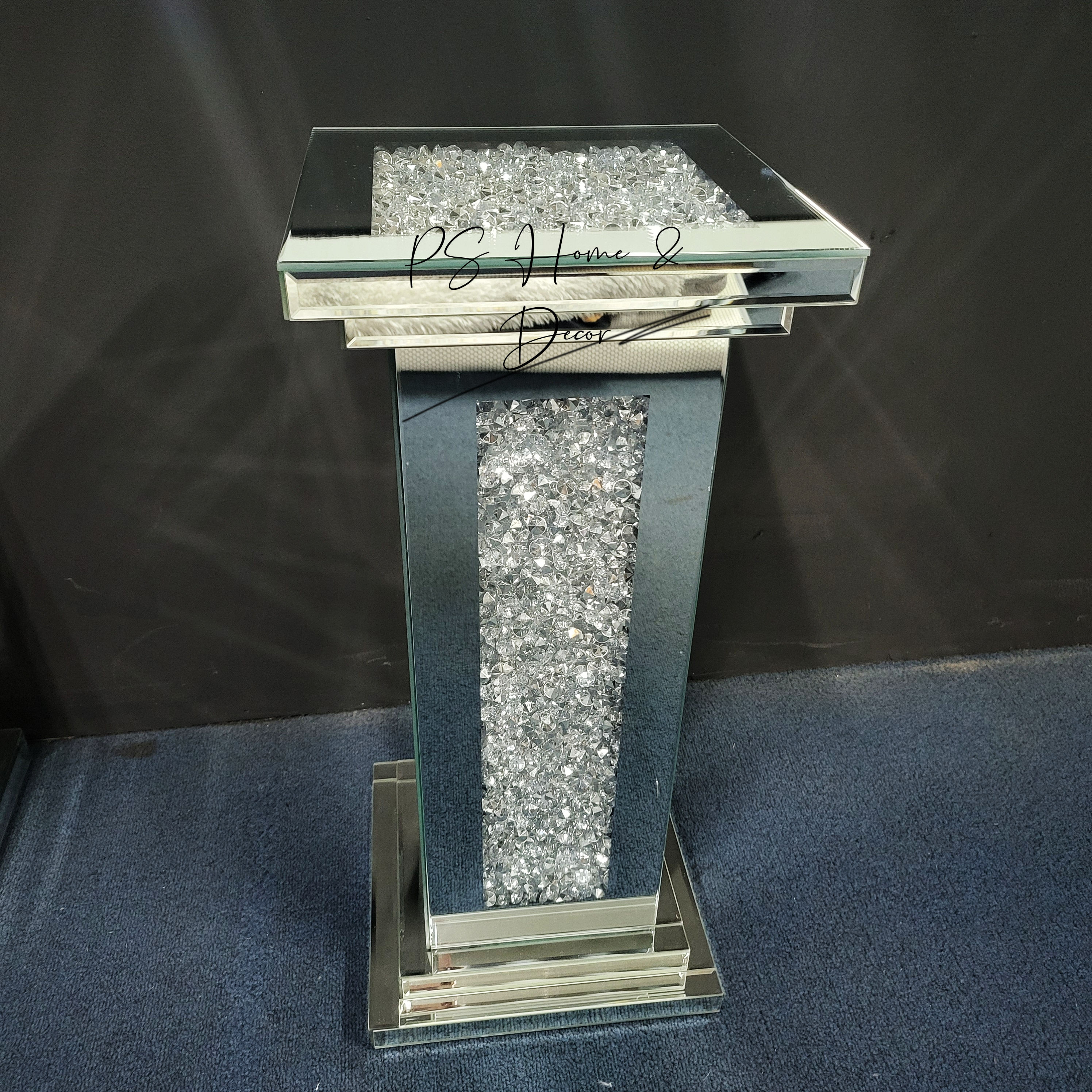MSTS01 Mirrored Crushed Diamond Column Side Table with Crushed Diamond Top