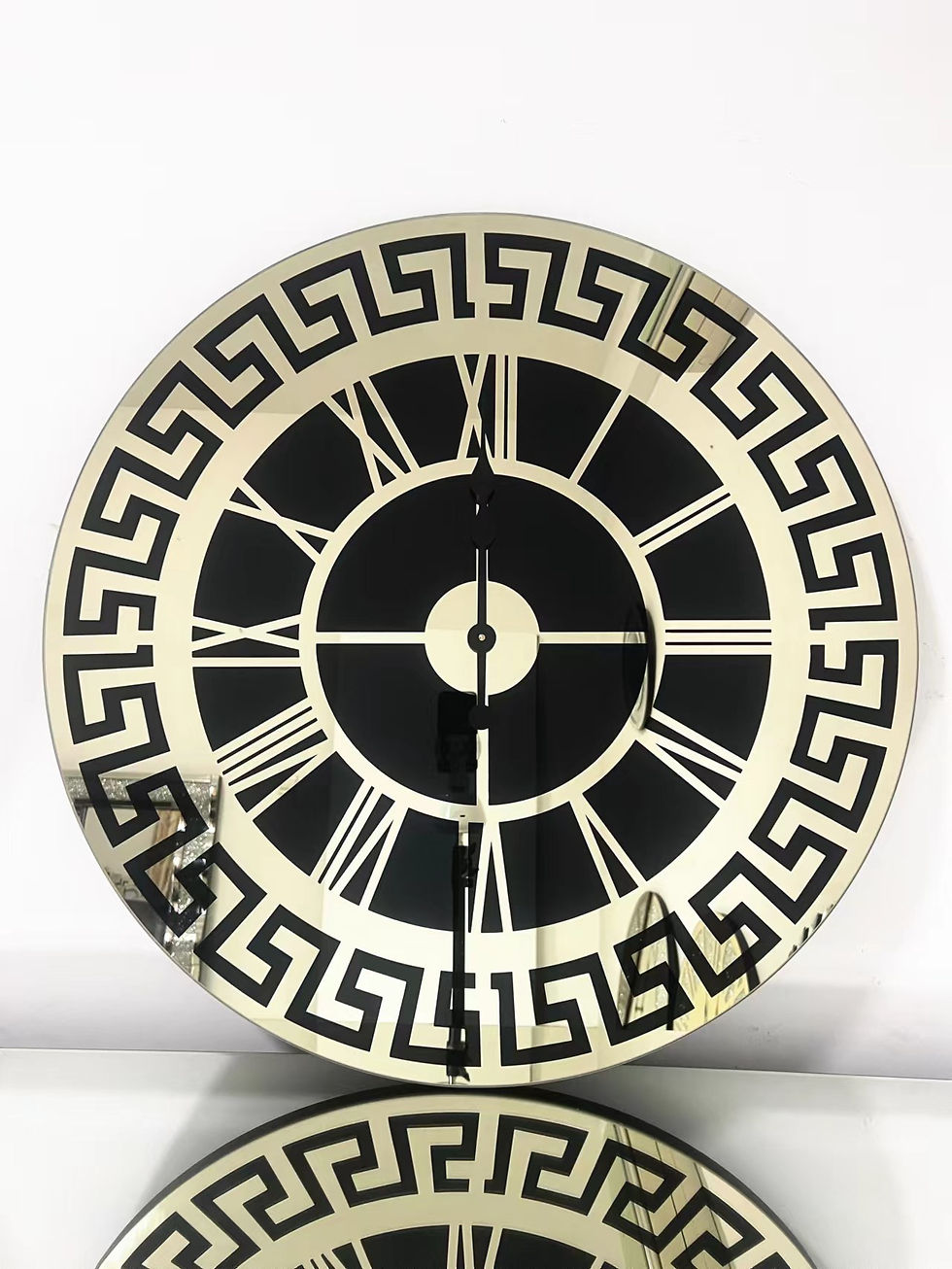 Modern Black Gold Greek Key Design Mirrored Roman Wall Clock