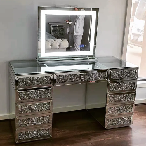Sparkly Mirrored Crushed Diamond 11 Drawers Dressing Vanity Table Glass Top | PS Home & Decor Sparkly Mirrored Crushed Diamond 11 Drawers Dressing Vanity Table Glass Top | PS Home & Decor