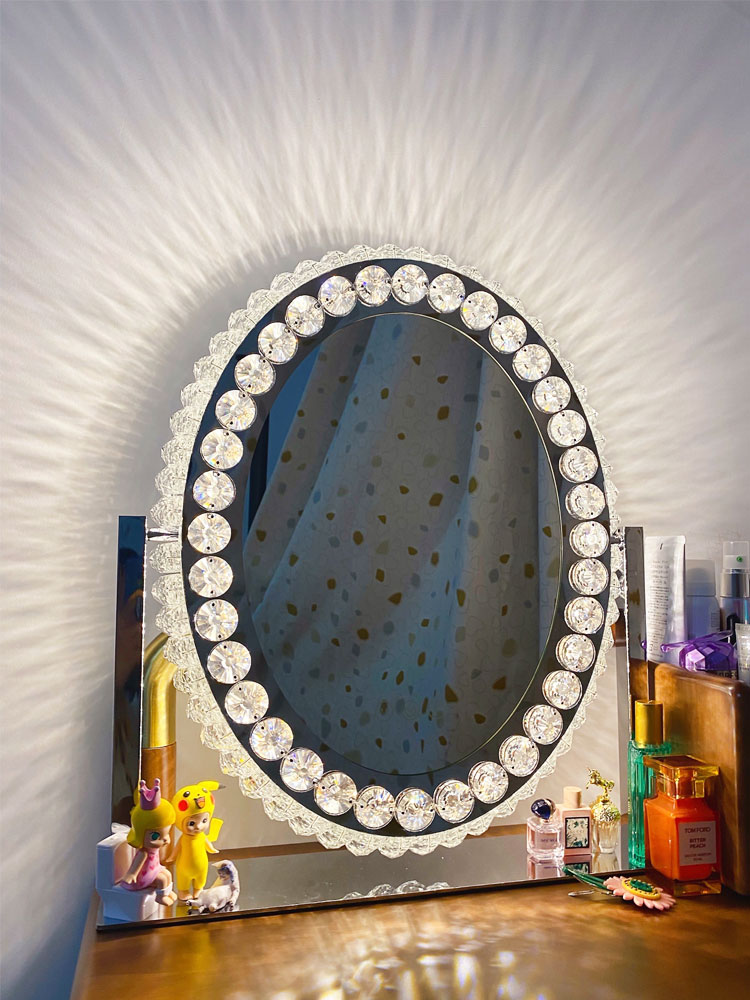 LED Crystal Dimmable 3 Color Changing Oval Dressing Table Vanity Makeup Mirror